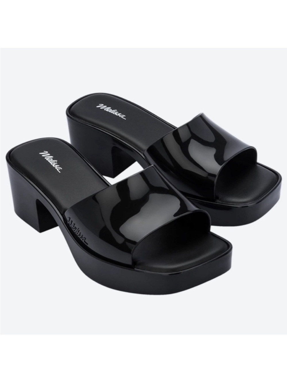 Melissa Shape Slide Sandals Black Glossy Block Heel Y2K 90s Platform Slides Sz7